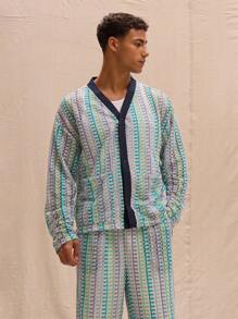 Musero Striped Lightweight Crochet Knit Button Through Cardigan Spring Summer Streetstyle Holiday Vacation Beach - Multicolor - View 1