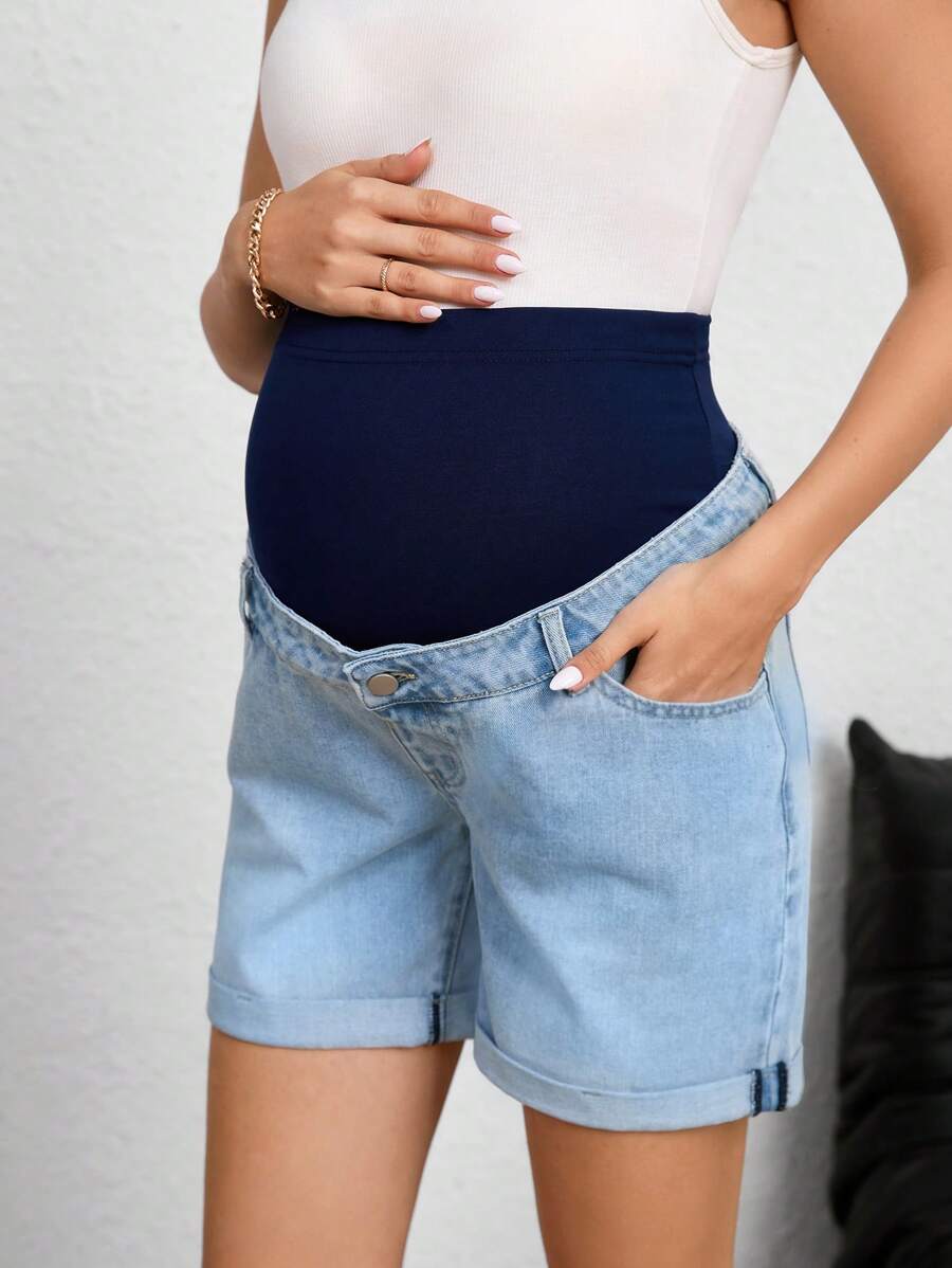 SHEIN Maternity Contrast Color Adjustable Waist Casual Denim Shorts - Light Wash - View 1