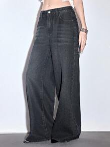 ROMWE Jeans femme taille basse, coupe ample et jambes larges, avec imprimé ailes croisées, style streetwear hip-hop chic Y2K - Gris - Voir 3