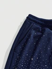 ROMWE MEN Quần short đính kim cương sáng bóng thời trang dành cho nam, mùa hè - Màu xanh hải quân - Xem 4