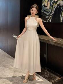 DAZY Solid Color Halter Tie Neck Midi Dress For Women Wedding Women Dresses Prom Dress
