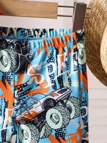 SHEIN Playful Pals Young Boy Cartoon Car Pattern Short Sleeve Swimsuit Set (Rash Guard & Shorts) - Multicolor - View 4