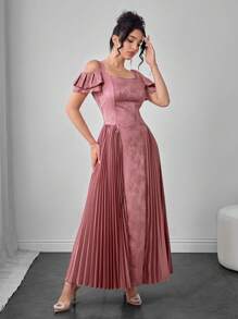 Modelyn Squareneck Sleeve Pleated Floral Print Patchwork Dress With 3D Effect - Pink - View 4