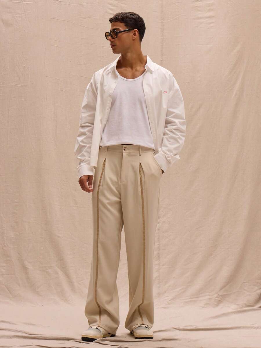 Musero Tailored Seam Detail Straight Leg Linen Trousers Spring Summer Streetstyle Holiday Vacation - Apricot - View 1