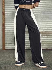 Streetz SHEIN Sport Pantalones casuales holgados con cintura elástica y piernas anchas de color contrastante para mujer