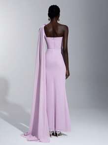 Elitara 优雅浪漫紫色雪纺面料 3D 花卉露肩褶皱高低派对伴娘礼服 - 淡紫色 - 查看 2