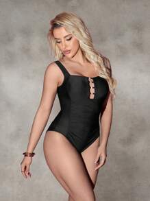 Shapewave Beach Summer Outfits For Women, One-Piece Shaping Swimsuit With Front Center Hollowing Squared Neckline Design - Black - View 5