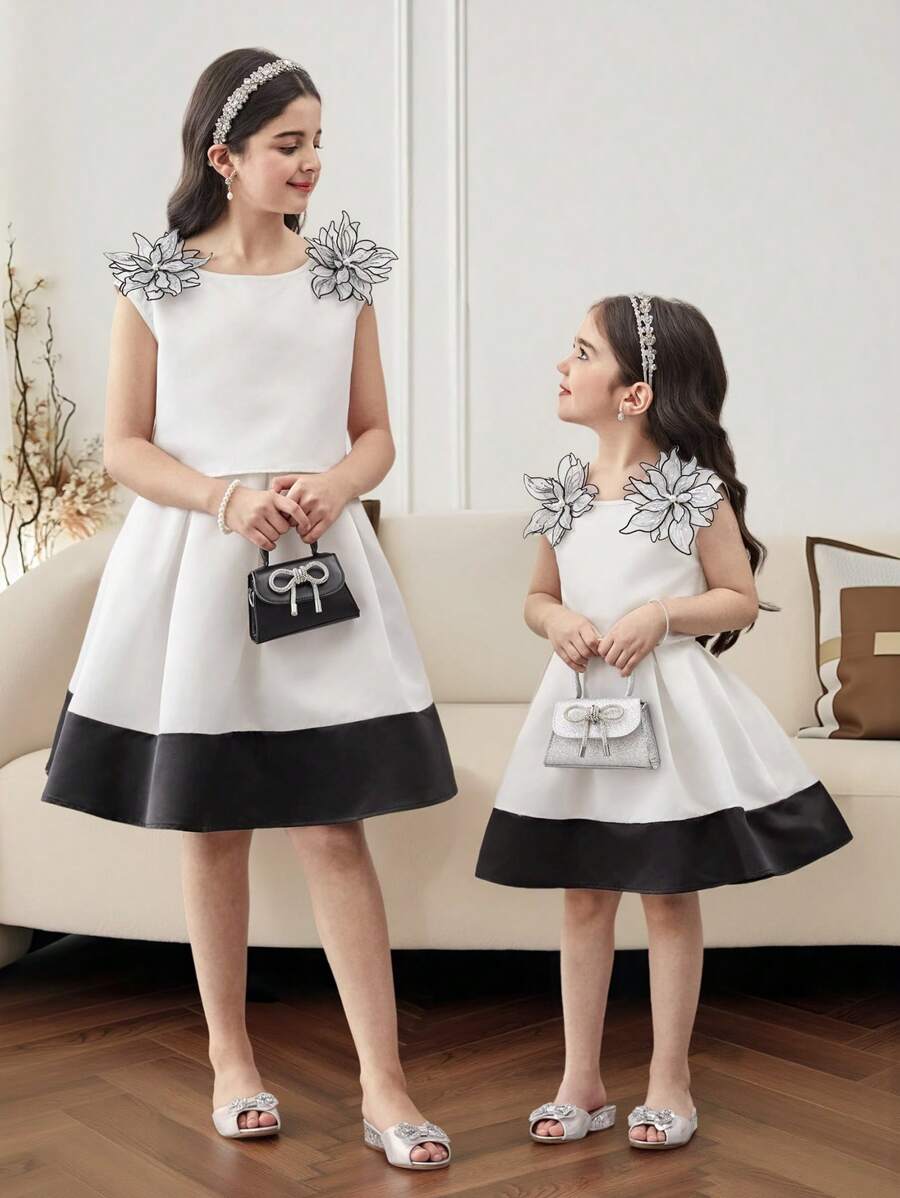 SHEIN 女童舒适优雅圆领无袖上衣和迷你裙套装 - 黑與白 - 查看 1