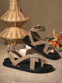 SHUZIA Women Single Cross Ankle Strap Gold Decor Comfy Flat Thick Soled Everyday Outdoor Casual Basic Slip-On Taupe Faux Suede Sandals
