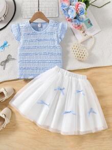 SHEIN 2 件套青少年女孩休闲优雅度假套装，蓝色 T 恤，纹理面料短袖和白色蝴蝶结网眼裙，适合上学、郊游和度假，春夏季 - 彩色 - 查看 1