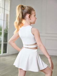 Young Girls' White Plain Spring/Summer Casual Comfortable Sports Set, Elegant Athleisure Running Outdoor Suits, Snug Fit Look, All-Match Style Outfit For Young Girl, Quick-Dry And High Stretch