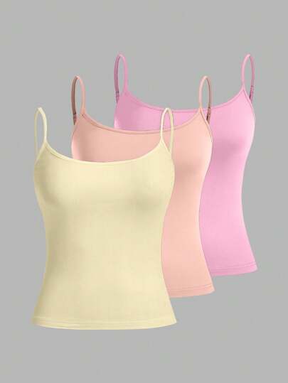 SHEIN EZwear 3pcs/Set Women Spaghetti Strap Cropped Sexy Tight Camisoles, Suitable For Summer Back To School