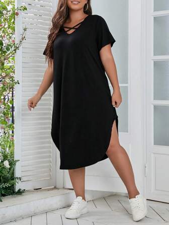 SHEIN CURVE+ Plus Size, vanlig stickad V-ringad, knytbar svart vardagsklänning, vår/sommar