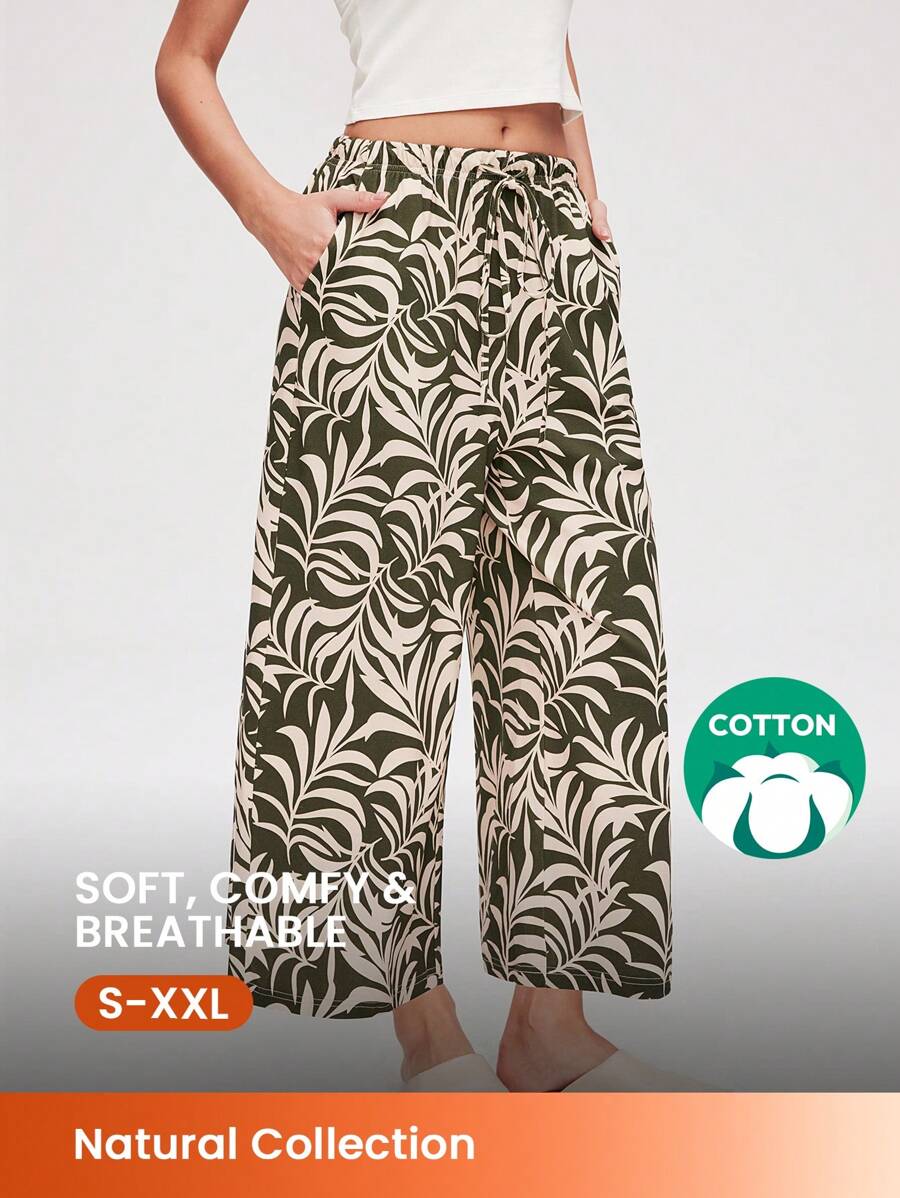 LUVLETTE Lsland StyleSoft Cotton Patterned Wide Leg Loungewear Airy Pajama Pants Pants With Pockets Lingerie As Outerwear Culotte - Olive Green - View 1