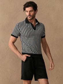 Manfinity NXTstreet 2pcs Men's Casual Herringbone Ant-Print Fitted Shoulder Polo Shirt And Straight Solid Color Shorts Set, Suitable For Daily Wear - Multicolor - View 5