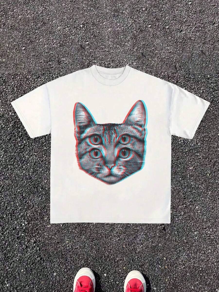 Manfinity Dauomo 3D Katzen Grafik Glitch Effekt T-Shirt, einzigartiges Mode Streetwear Rundhals Kurzarm T-Shirt mit Katzen Motiv für Herren - Weiss - Übersicht 1