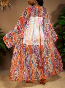 SHEIN CURVE+ Plus Size Women's Sheer Drawstring Waist Blouse, Abstract Striped And Printed Pattern, Casual For Beach, Boho And Daily Wear, Summer, Curve Plus, Boho Vacation Beach For Woman, Beach Vacation ,Beach Essentials , Graduation, Tea Party - Multicolor - View 2