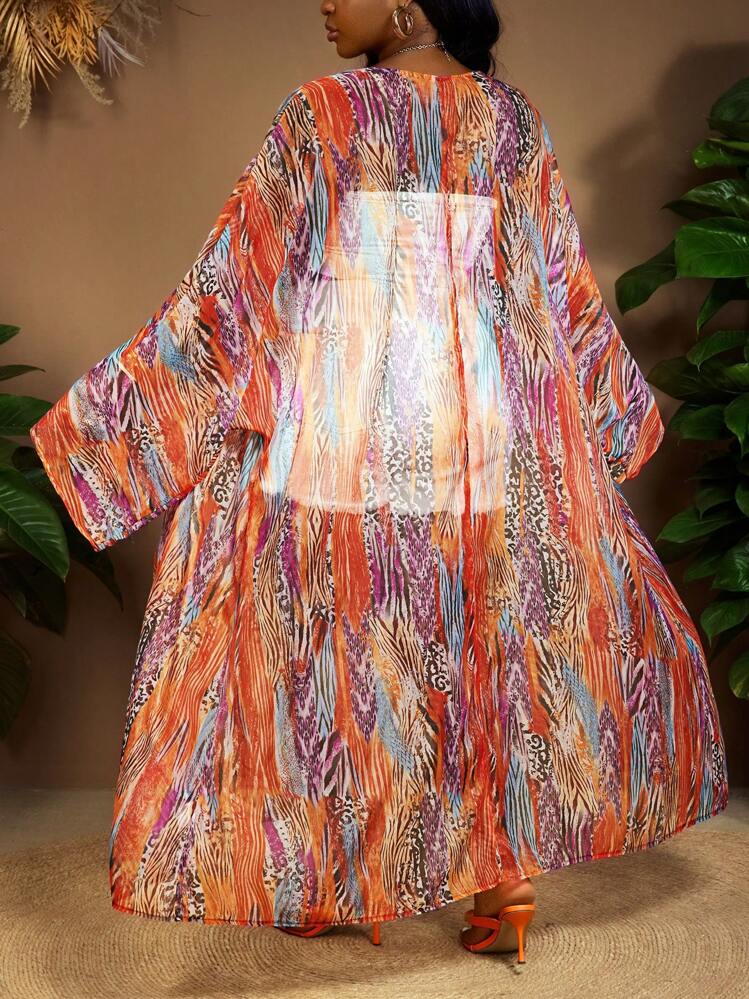 SHEIN CURVE+ 大码女式透视抽绳腰上衣，抽象条纹印花图案，休闲百搭，适合海滩、波西米亚风和日常穿着，夏季，适合曲线身材，波西米亚风海滩度假，海滩必备单品，毕业典礼、下午茶派对等场合皆宜。 - 彩色 - 查看 2