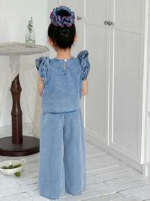 SHEIN 2pcs/Set Young Girl Blue Denim Ruffle Sleeve Top With Belt And Straight Leg Pants - Light Wash - View 3