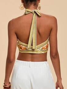 Travachic Women's Summer Vacation Floral Print Knot Front Halter Top, Printed Sleeveless Tops, Vacation Style, Woven Graphic Printed, Casual Summer, Bohemia Beach Vacation, Boho Chic, Country Concert, Holiday Festival, Beach, Graduation, Old Money Style Women, Mother's Day - White - View 2