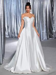 Glamrae 优雅简约 3D 花卉造型贝壳形后背系带设计宽 A 字形美人鱼尾婚纱 - 白色 - 查看 4