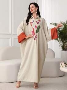 SHEIN Najma Túnica con mangas tipo murciélago y puños bordados de color contrastante, estilo modesto tipo kaftan