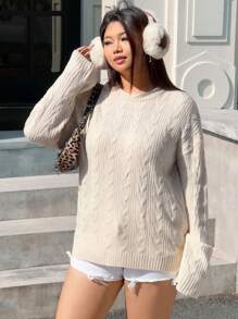 INAWLY Plus Size Women's Solid Crew Neck Drop Shoulder Casual Sweater, Fall/Winter Knit Pullover - Beige - View 8
