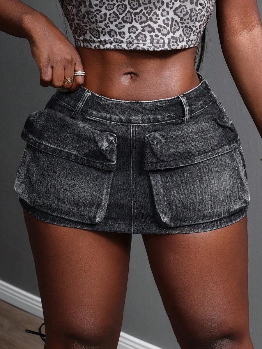 Slaydiva Women's Utility Pocket Tight Mini Skirt, Sexy Denim - Black - View 1
