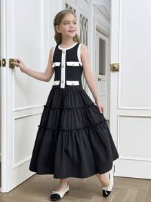 SHEIN Tween Girls Casual Round Neck Short Sleeve Bow Decor Straight Dress