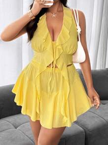 Flirla 2pcs Set: Fashionable Halter Backless Deep V Jellyfish Strap + Asymmetrical Double Layer Bodycon Skirt - Yellow - View 5