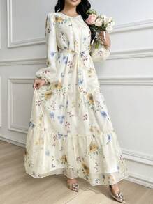 Modelyn Women's Elegant Floral Print Chiffon Dress With Self-Tie Waist, Spring/Summer