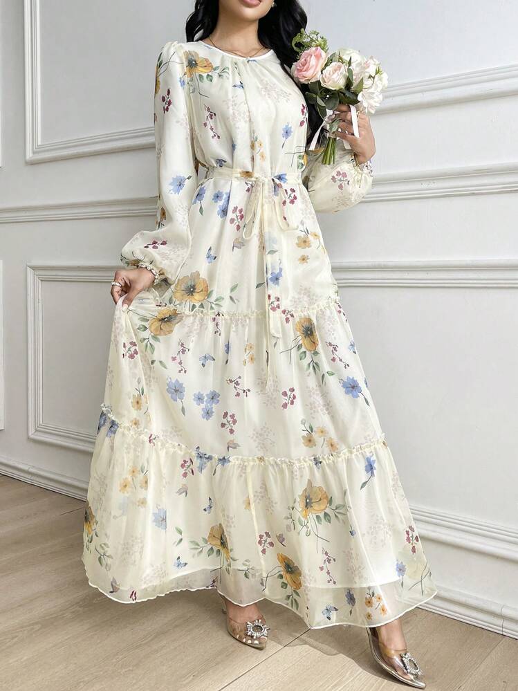 Modelyn Women's Elegant Floral Print Chiffon Dress With Self-Tie Waist, Spring/Summer - Apricot - View 5