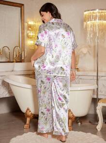 MuseNap CURVE Floral Print Elegant Satin Plus Size Pajama Set - Multicolor - View 2