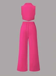 SHEIN Set de 2 piezas con chaleco de cuello de solapa y pantalones de un solo botonadura en unicolor para niñas preadolescentes