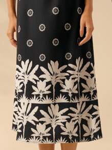 CAJUNI Vestido de vacaciones casual de mujer con estampado de árbol de plátano tropical en negro y beige, con abertura, cuello halter, mangas farol atadas y abertura lateral - Blanco y Negro - Ver 5