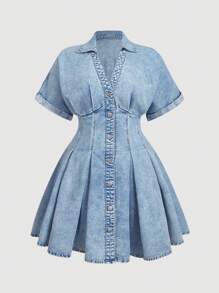 SHEIN MOD Plus Size Denim Midi Dress With Short Dropped Shoulder Sleeves And Flared Hem