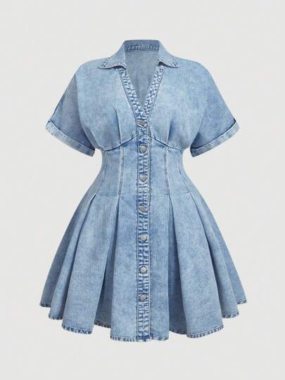 SHEIN MOD Plus Size Denim Midi Dress With Short Dropped Shoulder Sleeves And Flared Hem