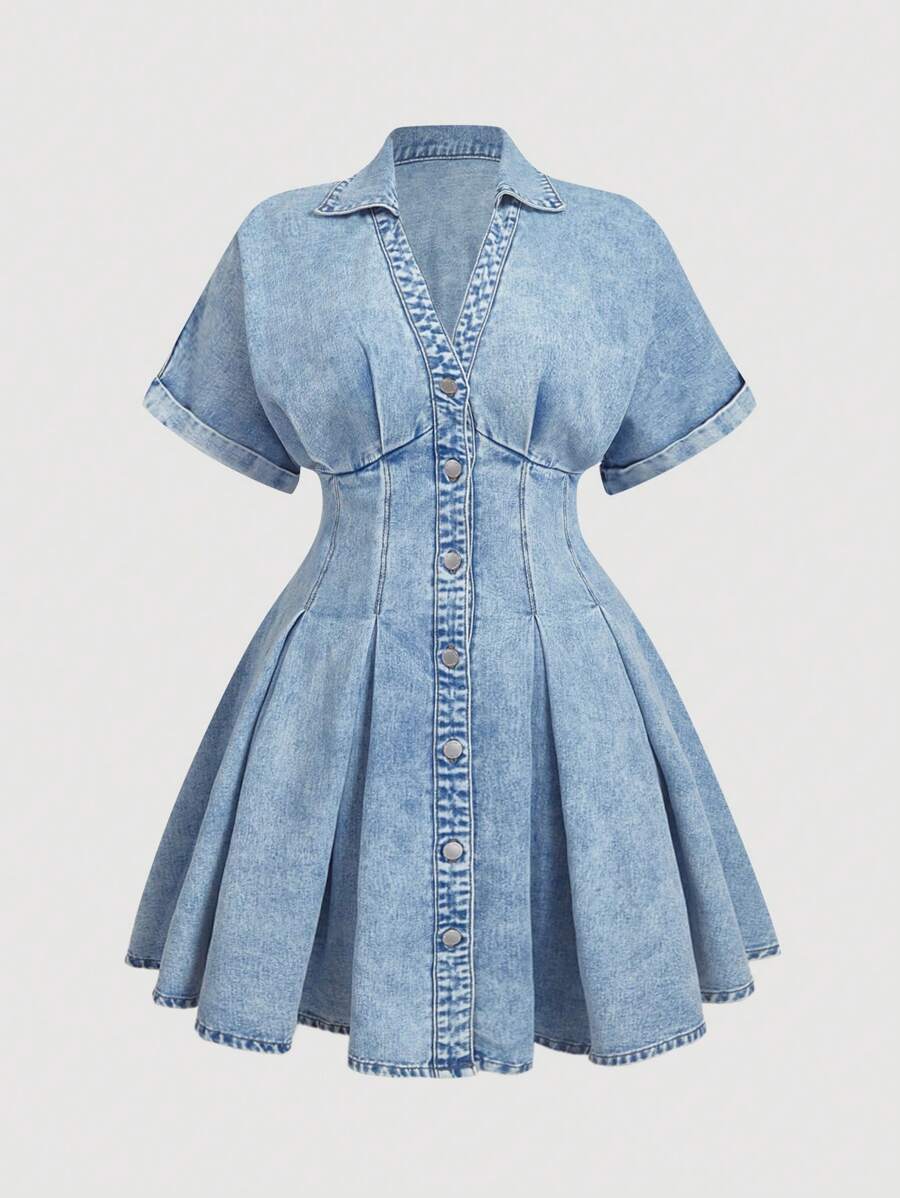 SHEIN MOD Plus Size Denim Midi Dress With Short Dropped Shoulder Sleeves And Flared Hem