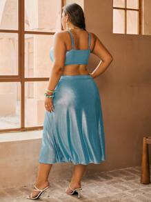 Swim Oasis Plus Size Women 3pcs/Set Solid Color Special Fabric Camisole, High Waist Mini Skirt And Beach Cover-Up For Summer Beach Vacation - Multicolor - View 2