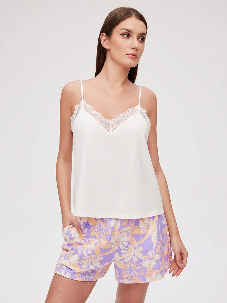 Set di pigiama estivo in cotone morbido con top a canottiera con scollo a V e pizzo, pantaloncini con motivo, pantaloni con tasche, lingerie da indossare come abbigliamento casual, adatto per primavera ed estate