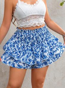 SHEIN Clasi Plus Size Printed Casual Summer Shorts - Blue and White - View 6