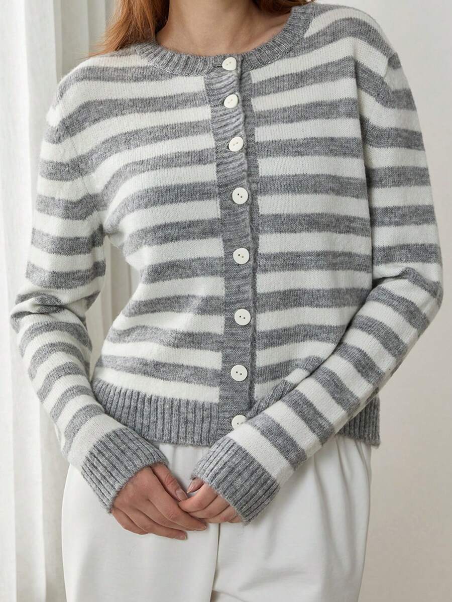 EURMUSE Brushed Yarn Stripe Pattern Grey Long Sleeves Front Button Cardigan,Cardigans For Women,Petite Cardigans,Cardigans - Grey - View 1