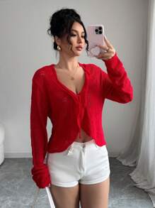 Chiquease كارديجان مبطن جديد للنساء، تصميم دقيق (فتحات عشوائية) مع ربطة قبعة محبوكة - الأحمر - مشاهدة 5