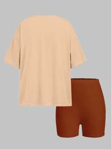 SHEIN Conjunto de 2 piezas de camiseta de manga corta y pantalones cortos con estampado de Capibara de dibujos animados, estilo casual y minimalista, apropiado para niñas adolescentes en verano