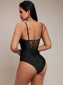 SHEIN Swim Costume da bagno intero con controllo addominale, realizzato in rete e pizzo, con lacci sulla schiena