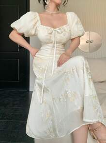 DAZY Mid-Length V-Neck Floral Print Puff Sleeve Belted Dress For Women,Ruffle - Beige - View 1