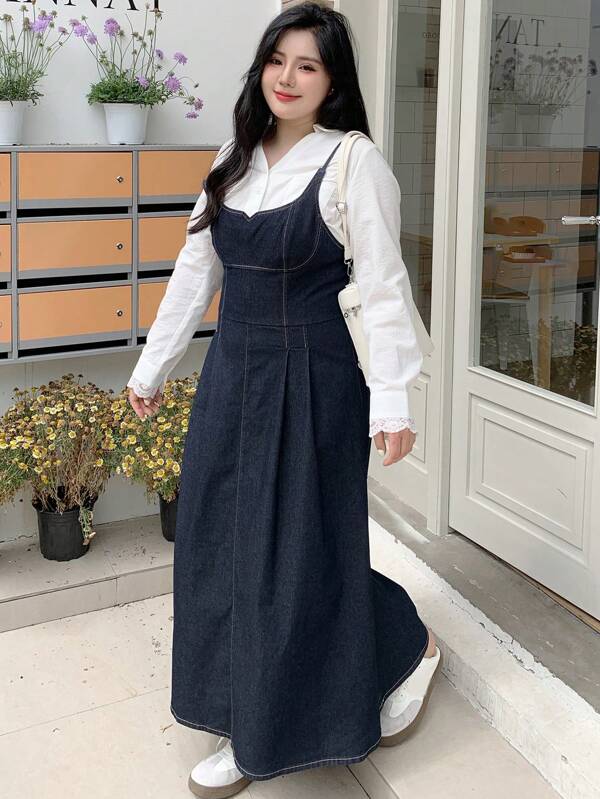 Dazy Plus Washed Solid Color Camisole Denim Overall Dress, Versatile All Season