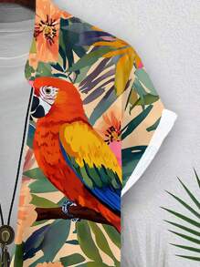 Manfinity Swimmode Fashionable Casual Mature Parrot & Floral Allover Digital Print Pattern Regular Fit Short Sleeve Shirt For Men, Suitable For Summer Outdoor Vacation, Date, Party, Essential Item For Couples, Family Matching, Great Gift For Boyfriend - Multicolor - View 2