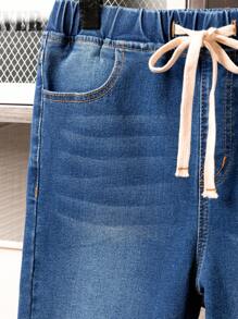 SHEIN Teen Boy Fashion Casual Drawstring Design Dark Blue Elastic Waist Tight Denim Shorts For Teen Boy Clothes Boys Soft Dailywear And Teen Boy Summer And Spring Clothes - Blue - View 3