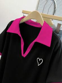 Calvaya Blusa de polo de verano de talla grande en color negro y rojo rosa, un top versátil y estilizador, adecuado para uso diario/Camiseta con bordado de corazón que te hace lucir talla grande joven - Multicolor - Ver 5